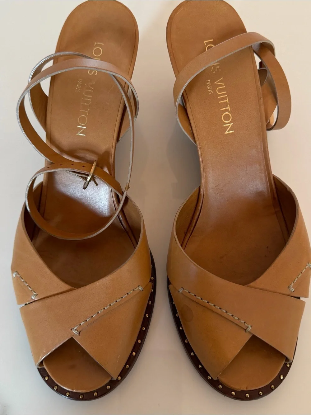 Louis Vuitton Cognac Leather Wedge Sandals with Ankle Strap